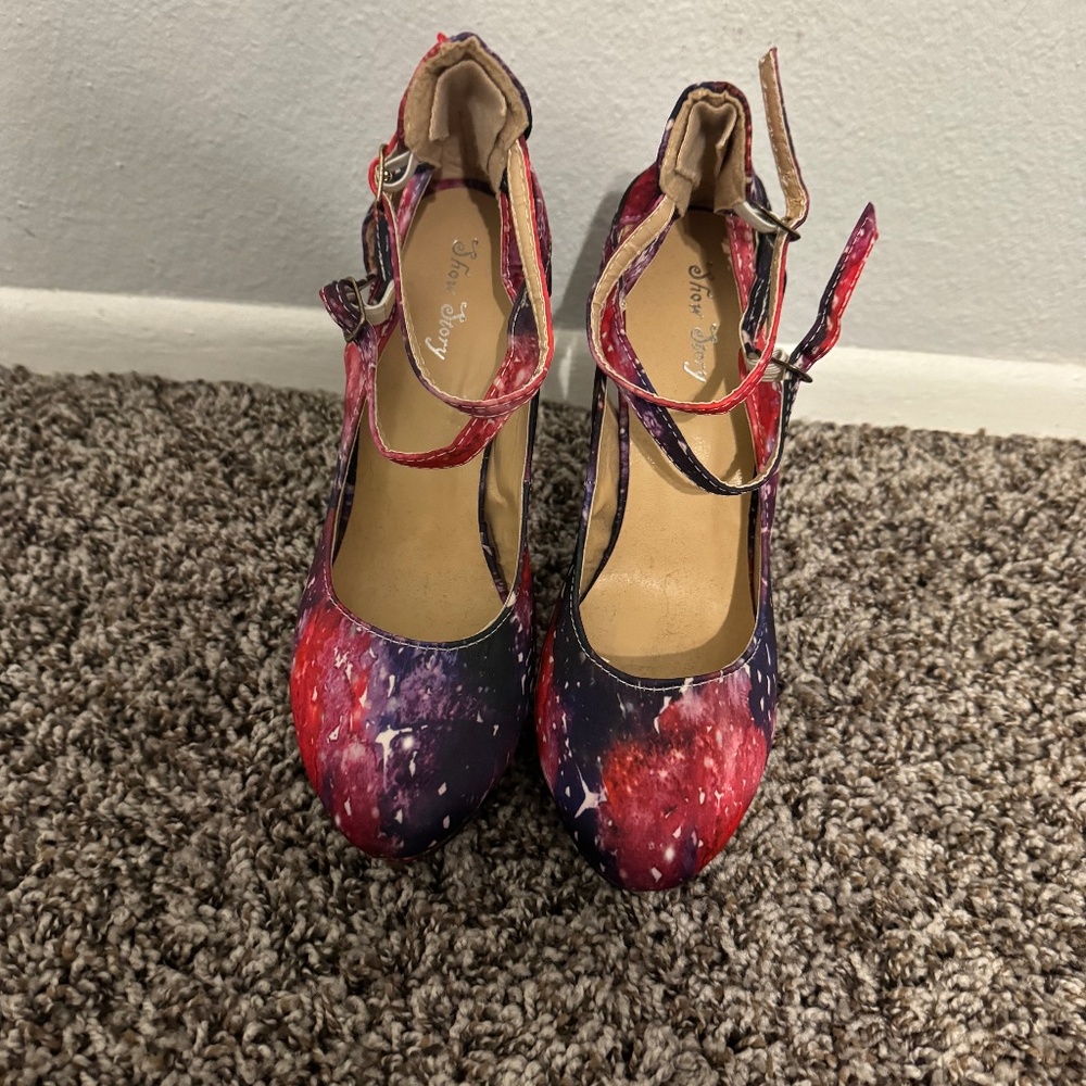 VTG Y2K Show Story Galaxy Print Platform Heels - Celestial Cosmic Heels - Size 8